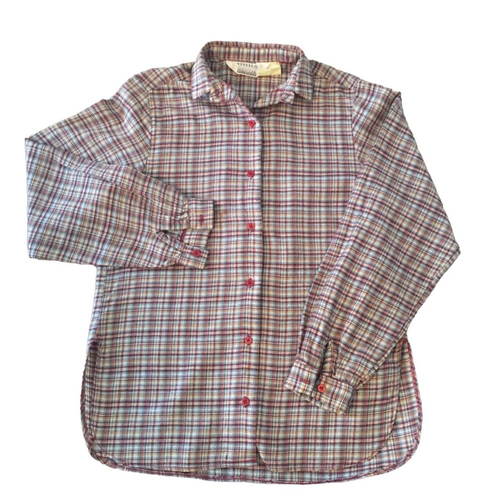 Vintage  Viyella Wool Plaid Check Button Down Shirt sz S/M -Burgundy